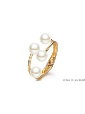 Gold Plated Simulated Pearl Open Cuff Bracelet Women Adjustable Bangle